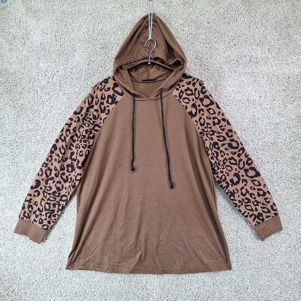 Emery Rose Hoodie Women 0XL Brown Leopard Raglan Long Sleeve Pullover Casual